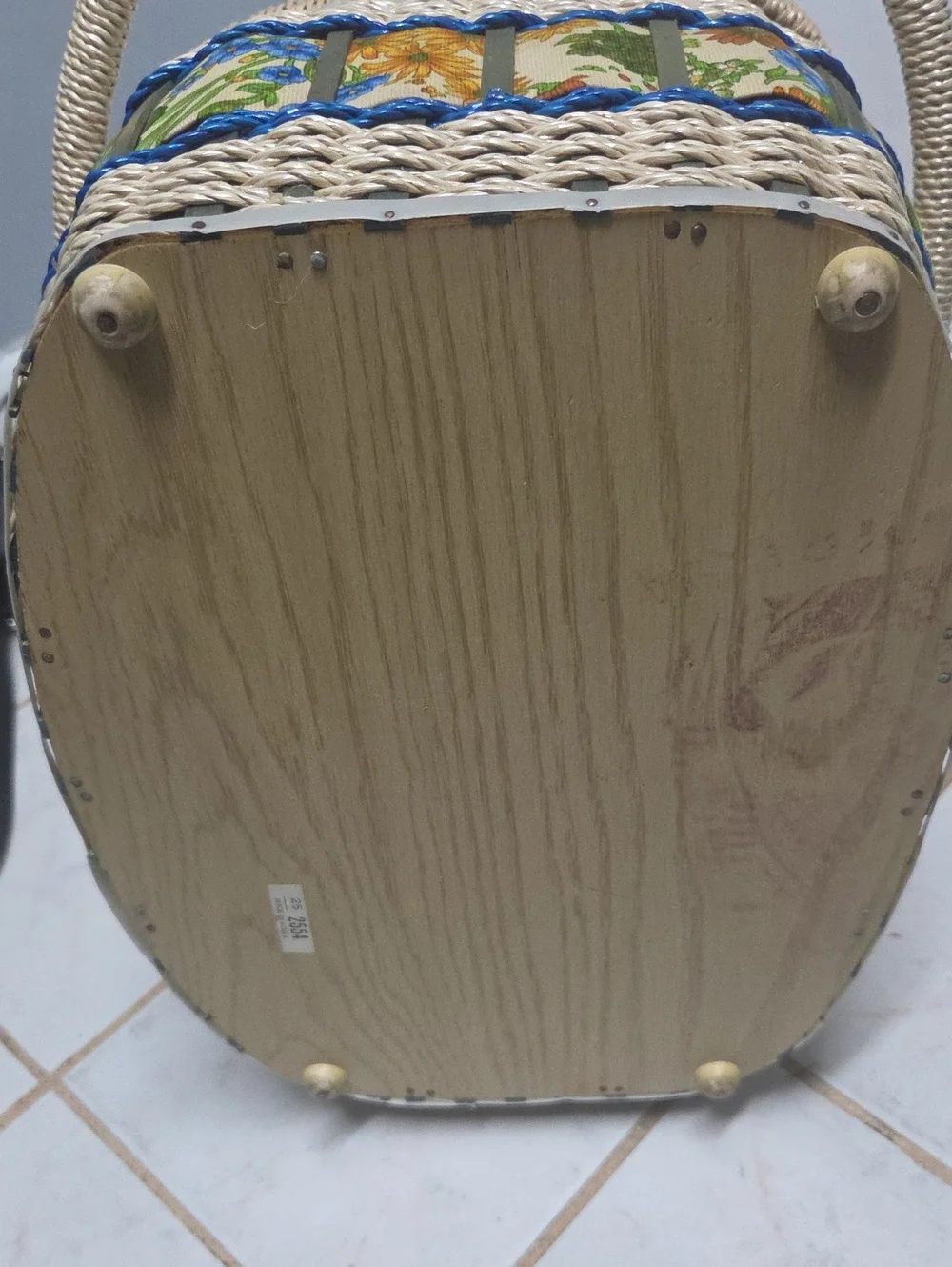 Vintage 1970s Floral Wicker Sewing Basket Double Handle Double Lid Mid Century